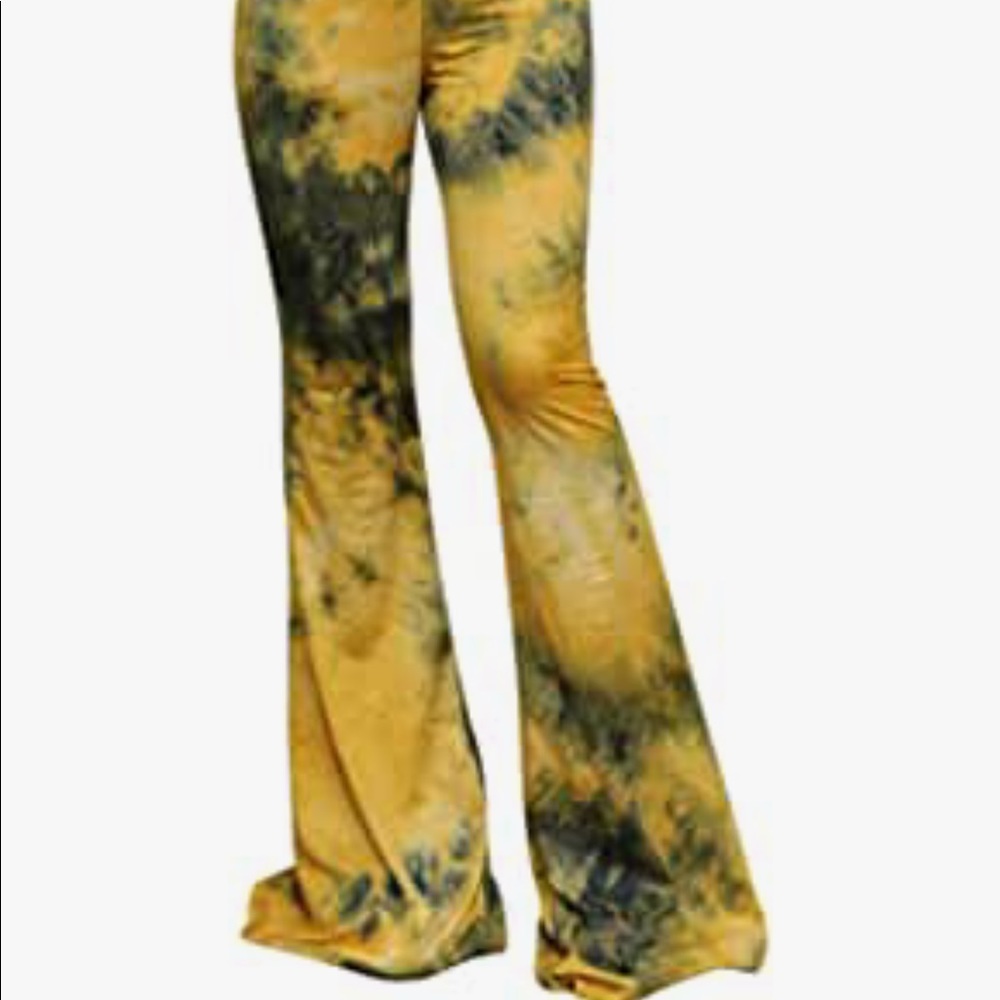 Yellow black thi dye bell bottom flared pants festival rave  high waisted